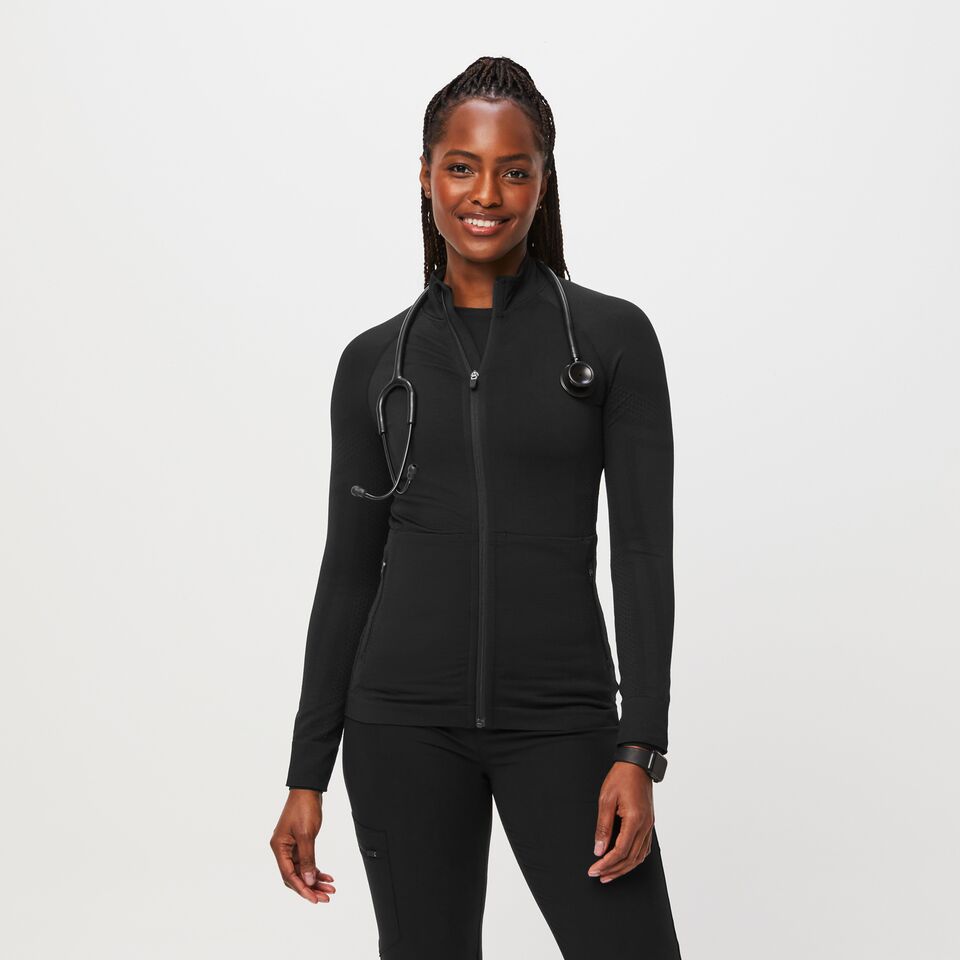 Women's Salta Seamless Full Zip - Black · FIGS