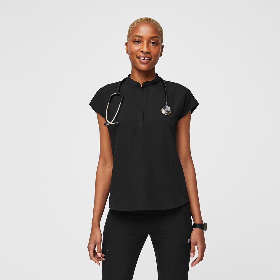 FIGS Rafaela Mandarin Collar Scrub Top Black Size Large for sale online